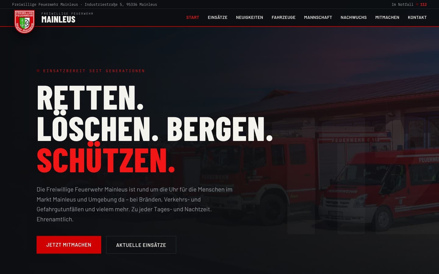 Startseite der Freiwilligen Feuerwehr Mainleus mit Einsatzfahrzeugen